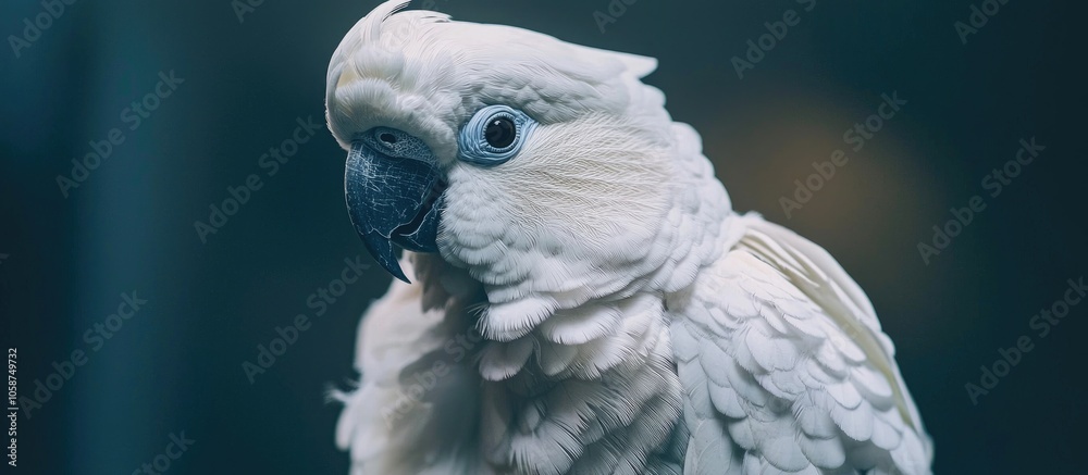 Fototapeta premium Beautiful And Fluffy White Parrot Close Up Looking At The Camera Wide Angle Photo