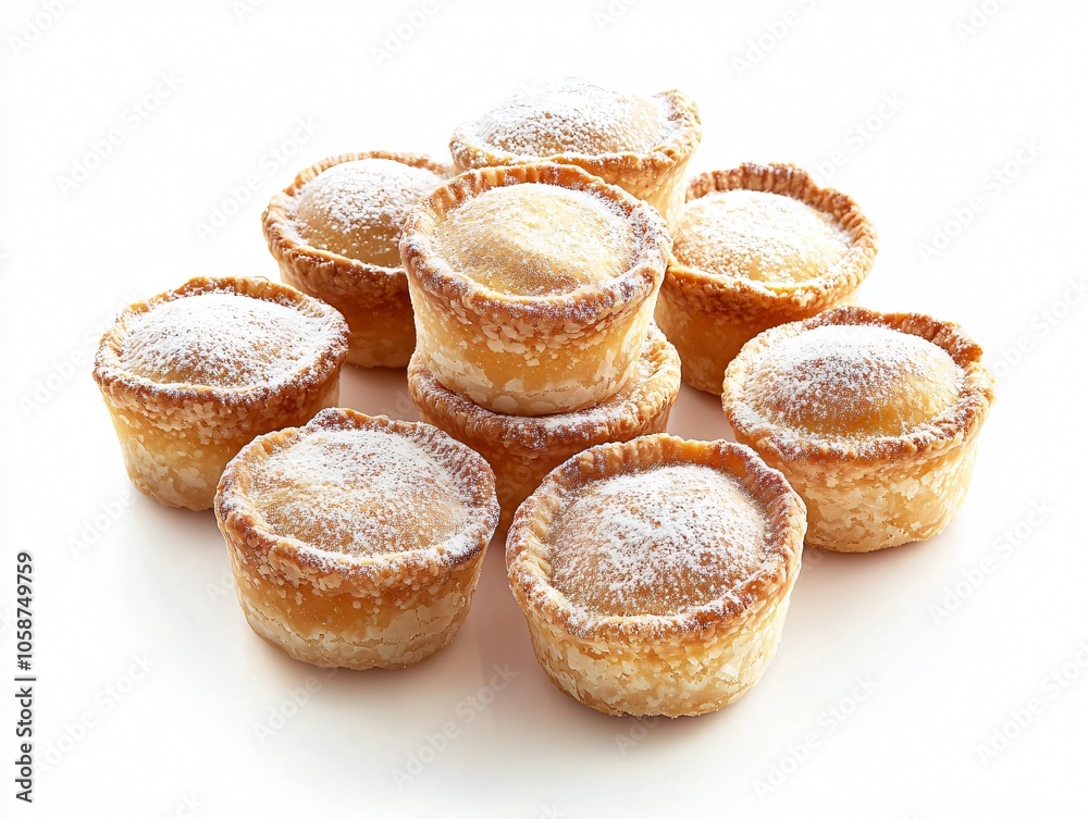 Mini Mince Pies with Powdered Sugar Dusting, Isolated on White Background Mini Mince Pies with Powdered Sugar Dusting, Isolated on White Background