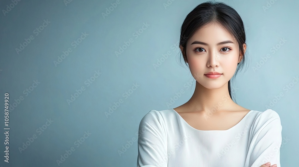 Portrait of a beautiful Asian woman with her arms crossed, exuding confidence and grace. This captivating portrait highlights the beauty and strength of the Asian woman, with ample space for text.