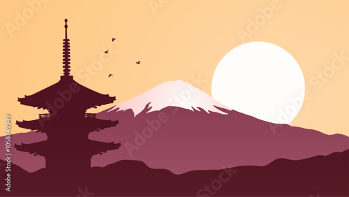Japan. Vector background with silhouette of Japanese pagoda, Mount Fuji and sun. Highest mountain of country. Japan`s sacred place. Travel illustration with landscape and traditional architecture