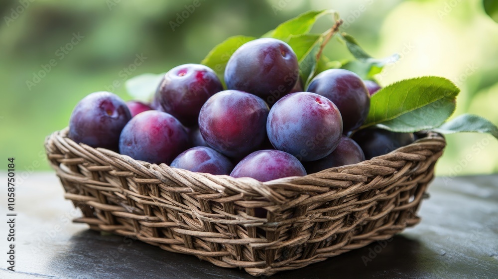 Ripe plums displayed in a basket placed on a tabletop Ripe plums displayed in a basket placed on a tabletop