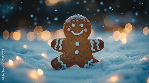 Gingerbread man in snowy setting with festive lights, perfect for christmas celebration background 