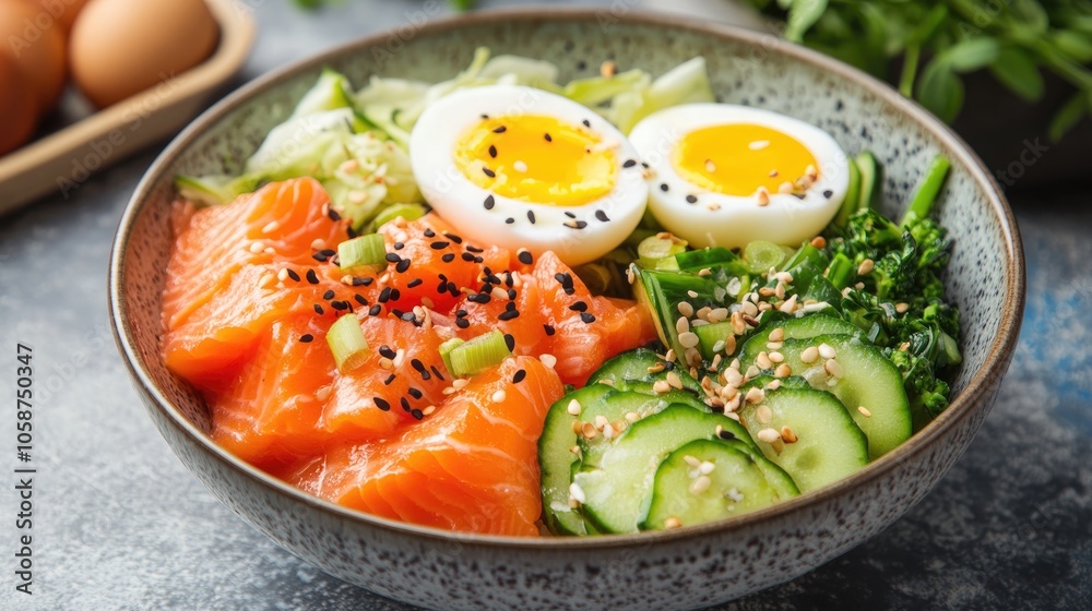 Delicious salmon bowl featuring eggs and a variety of fresh vegetables Delicious salmon bowl featuring eggs and a variety of fresh vegetables