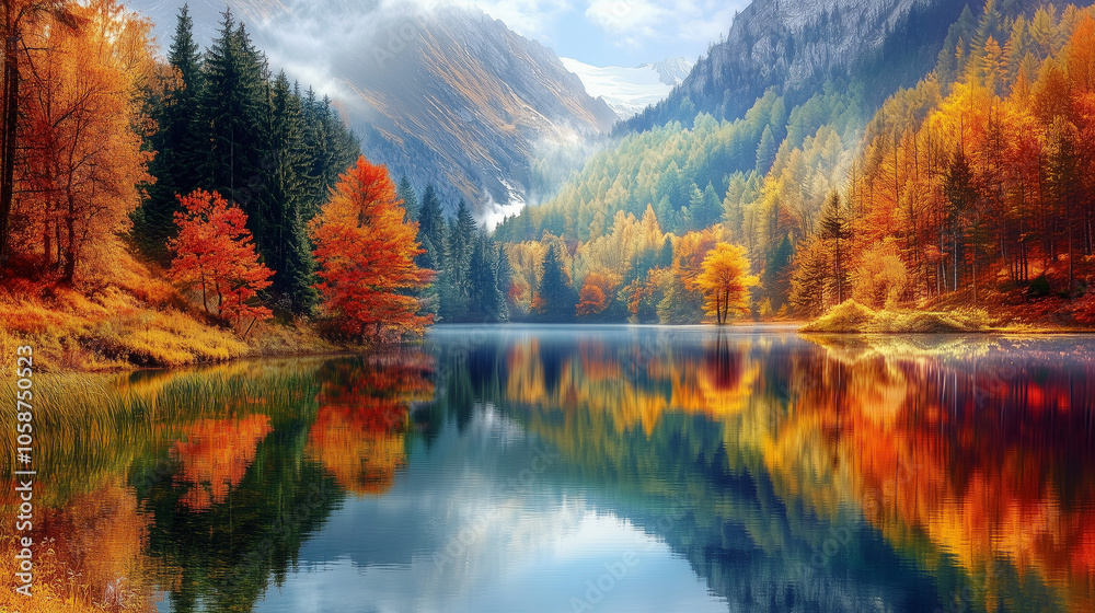 Fototapeta premium tranquil lake mirroring the surrounding autumn foliage