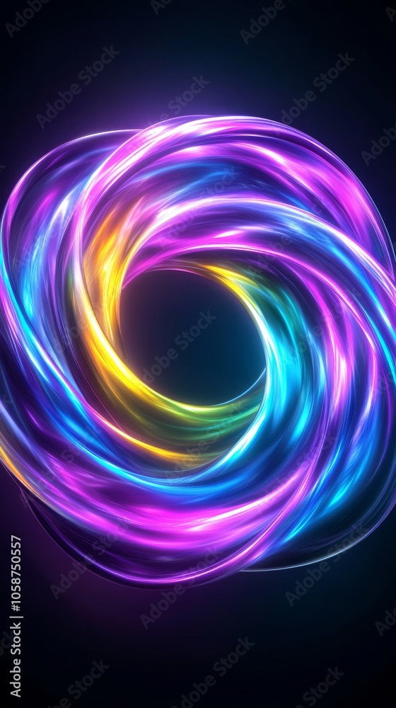 A neon spiral, swirling with vibrant colors, glows against a dark backdrop A neon spiral, swirling with vibrant colors, glows against a dark backdrop
