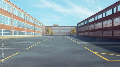 Empty Parking Lot in Front of Brick Building