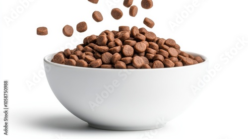 Brown dog food kibbles fall into a white bowl