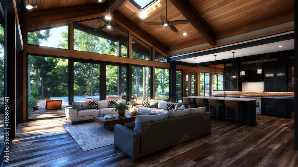 Modern living room with large windows, vaulted ceilings, wooden floors, and a kitchen in the background.