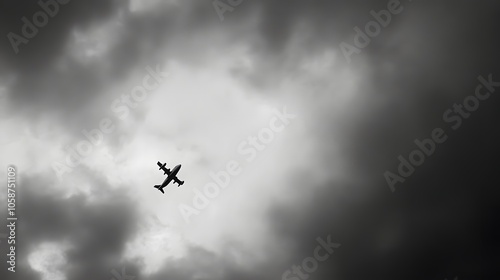 A single plane flies through a cloudy sky. photo