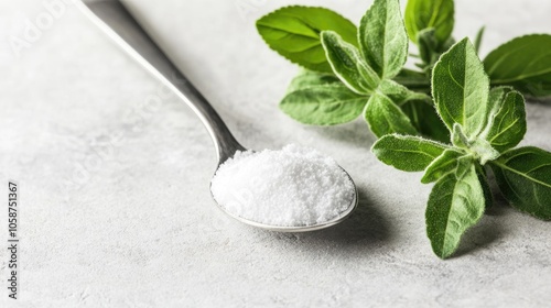 Close up of a spoon filled with powdered stevia alongside fresh stevia leaves on a light background Perfect for natural and low calorie sweetening options