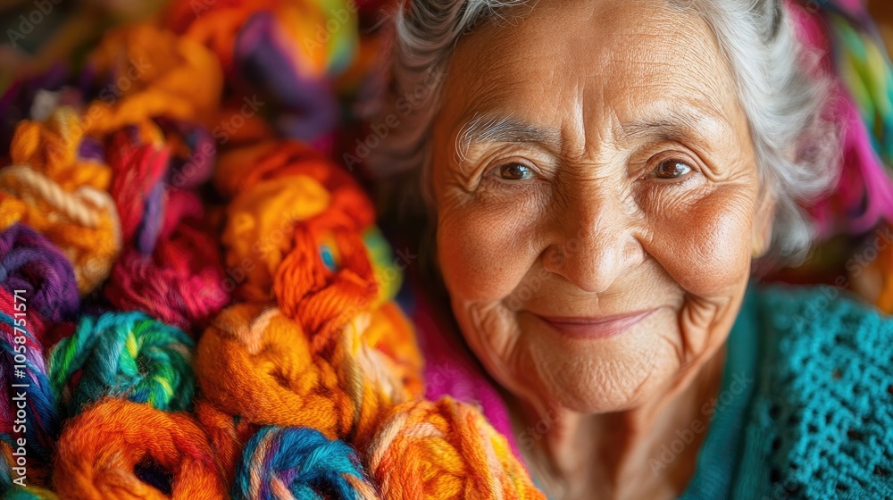Smiling elderly woman captured in a close-up portrait, surrounded by vibrant multicolored yarn, adding a joyful and colorful backdrop to the image. Perfect for creative projects with copy space.