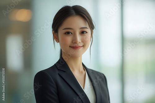 Confident Young Businesswoman in Black Suit Smiling in Office Setting