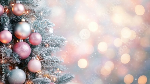 Christmas tree adorned with pink and silver ornaments on a blurred enchanting background featuring stunning bokeh effects and ample copy space in a wide format