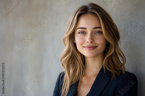 Confident Young Businesswoman in Blazer, Smiling Headshot