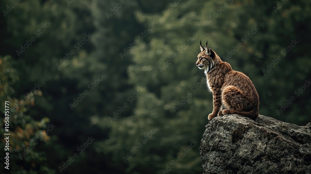Obraz premium Solitary Iberian Lynx Sitting On A Stone Ledge With A Dense Forest Blurred Background Looking Away