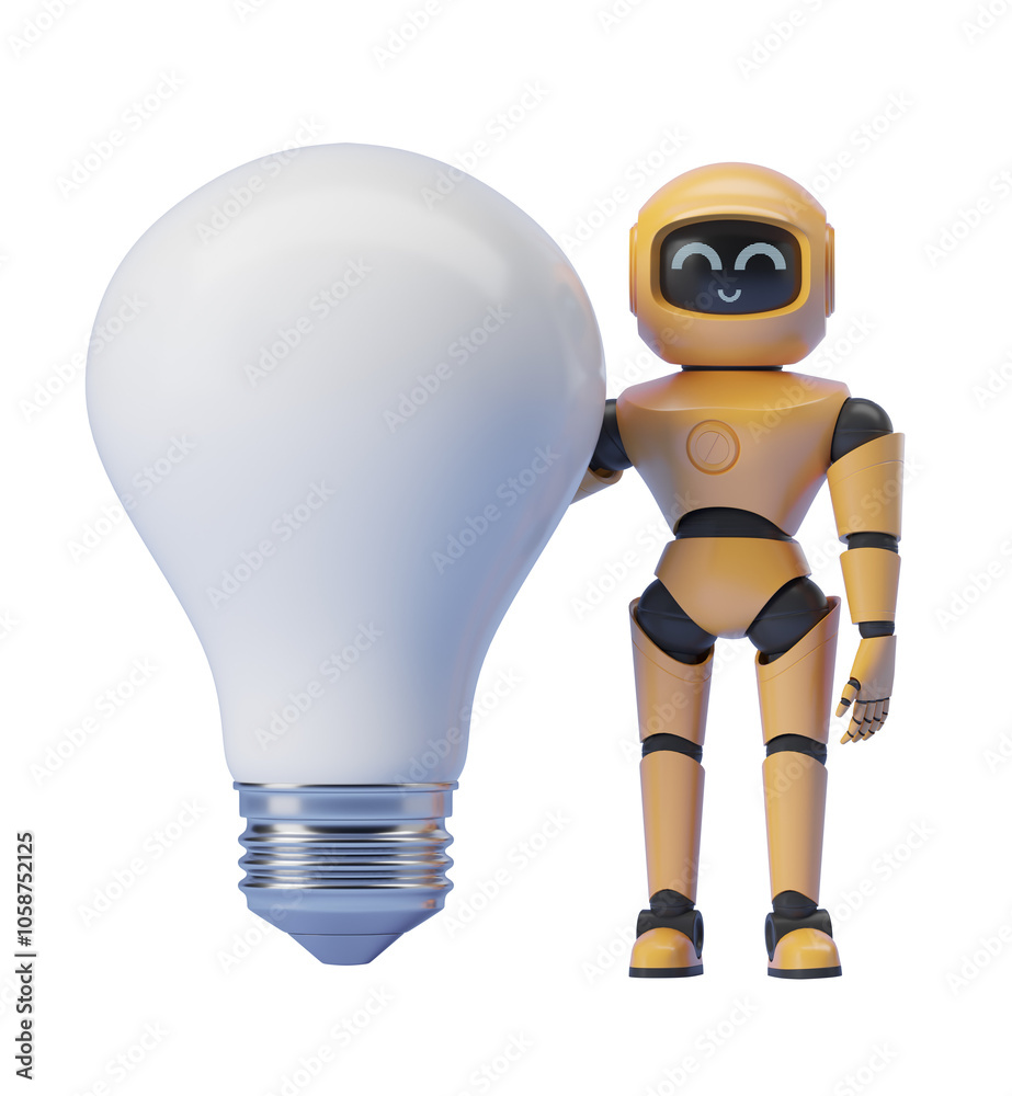 A smiling robot standing beside a giant light bulb on a white background, representing innovation and technology. 3D Rendering A smiling robot standing beside a giant light bulb on a white background, representing innovation and technology. 3D Rendering