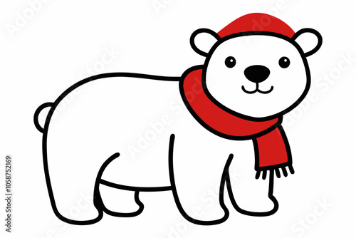  Vector Outline of A cute Polar Bear wearing a Santa clause hat and scarf on white background.