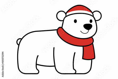  Vector Outline of A cute Polar Bear wearing a Santa clause hat and scarf on white background.