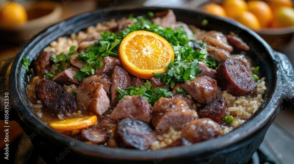 Feijoada a traditional dish featuring rice farofa orange slices pork and sausage showcases the rich flavors of Brazilian cuisine Feijoada a traditional dish featuring rice farofa orange slices pork and sausage showcases the rich flavors of Brazilian cuisine