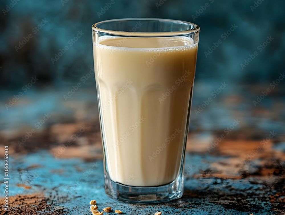 Glass of Creamy Oat Milk on Blue Textured Background Glass of Creamy Oat Milk on Blue Textured Background