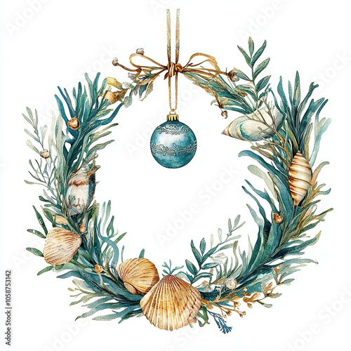 A festive wreath adorned with seashells, greenery, and a blue ornament, perfect for holiday decoration.