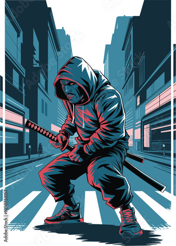 A hooded figure wielding a katana, poised in the middle of an urban street