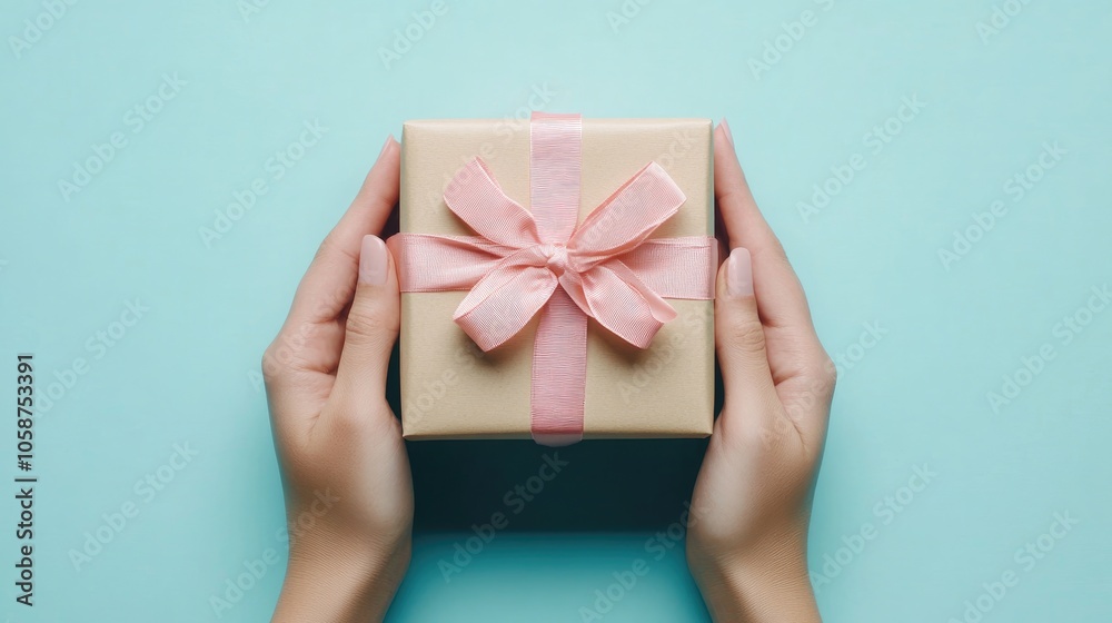 Person presenting a wrapped gift with a ribbon on a light blue backdrop Ideal for celebrations such as birthdays Valentine s Day and holidays Space available for a greeting message Person presenting a wrapped gift with a ribbon on a light blue backdrop Ideal for celebrations such as birthdays Valentine s Day and holidays Space available for a greeting message