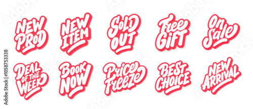 Marketing and promotion vector lettering stickers set. Collection of tags, banners and sales labels for promotion media.