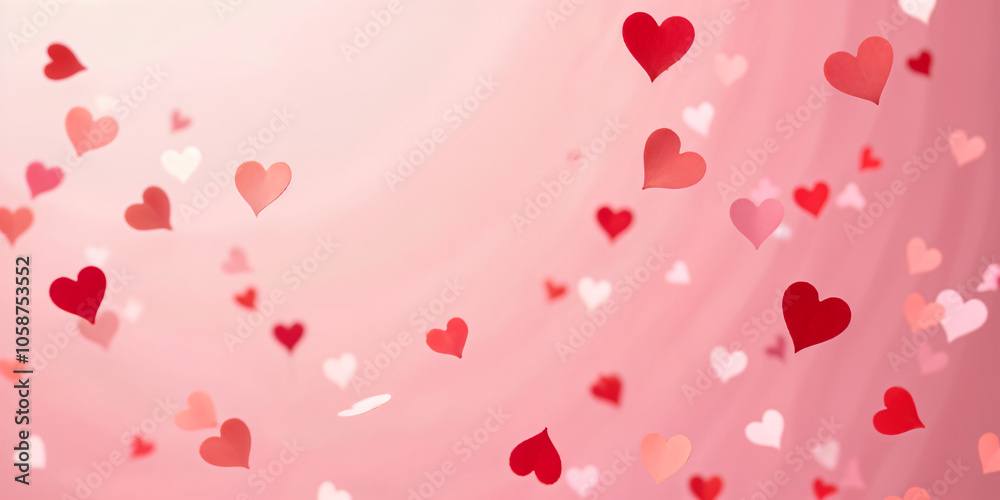 Valentine's Day background on a peach-colored surface with copy space. Cute red and pink hearts are flying in motion, with a soft tone and a cute style for a love concept Valentine's Day background on a peach-colored surface with copy space. Cute red and pink hearts are flying in motion, with a soft tone and a cute style for a love concept