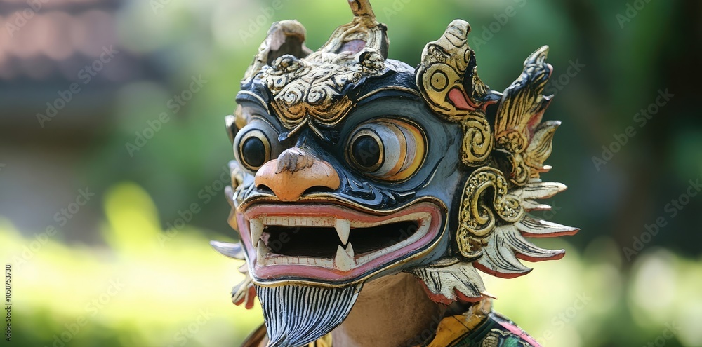 Fototapeta premium Detailed Image of Balinese Barong Mask Used in Traditional Dance, Dark Photography
