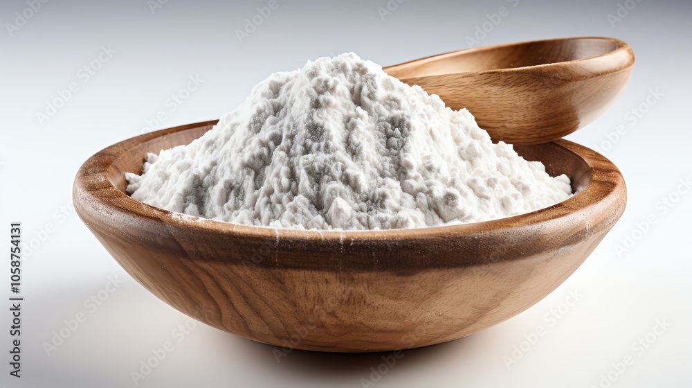White powder in a wooden bowl and spoon. White powder in a wooden bowl and spoon.
