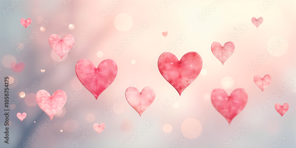 Valentine's Day background on a peach-colored surface with copy space. Cute red and pink hearts are flying in motion, with a soft tone and a cute style for a love concept Valentine's Day background on a peach-colored surface with copy space. Cute red and pink hearts are flying in motion, with a soft tone and a cute style for a love concept