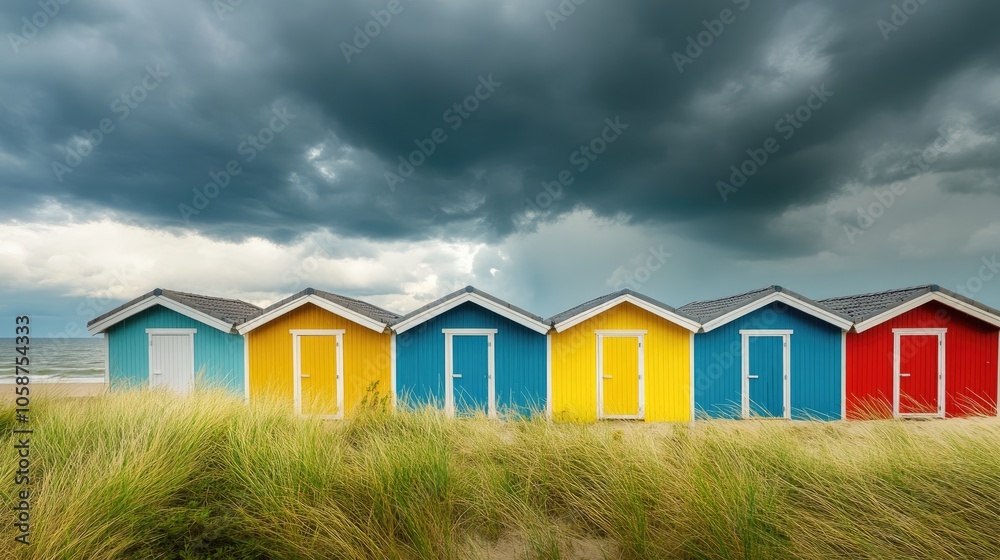 Vibrant beach cabins under a cloudy sky Ample space for text Vibrant beach cabins under a cloudy sky Ample space for text
