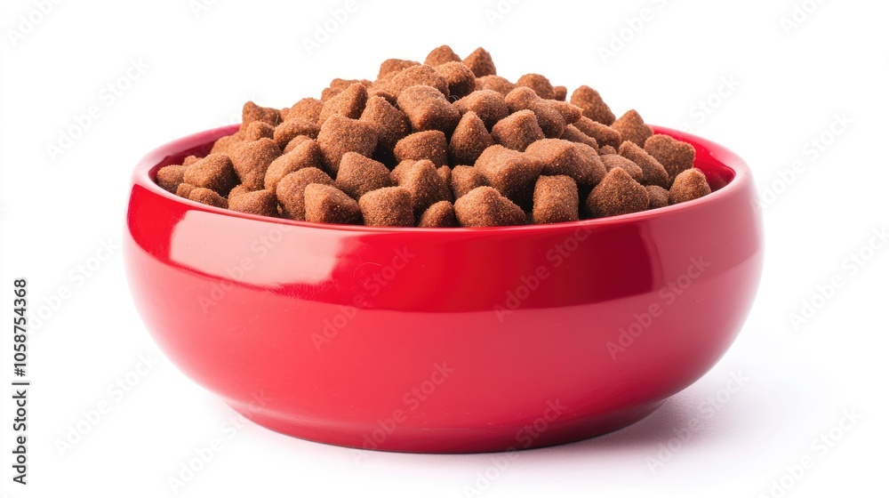 Red bowl filled with dry cat food set against a white background Red bowl filled with dry cat food set against a white background
