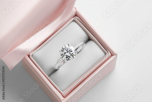Diamond ring in jewelry gift box floated on white background 