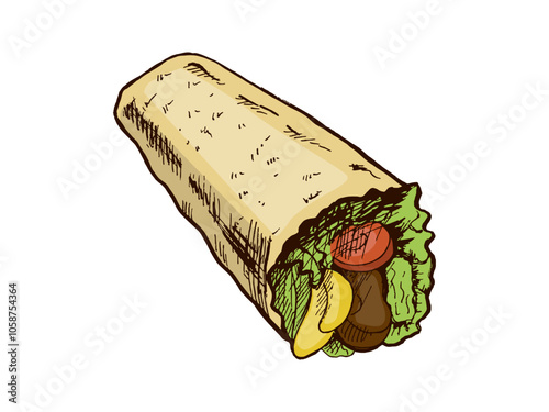 Hand-drawn sketch style burrito  with vegetables and meat  pieces isolated on white background. Fast food illustration. Vintage drawing. Element for the design of labels, packaging and postcards.