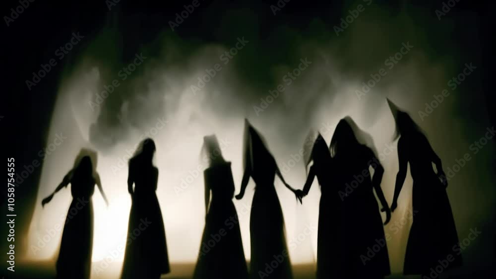 Eerie silhouettes of witches stand against misty backlight. Supernatural atmosphere. Dark figures move mysteriously in dramatic shadow play suggesting occult ritual or ghostly dance performance.
