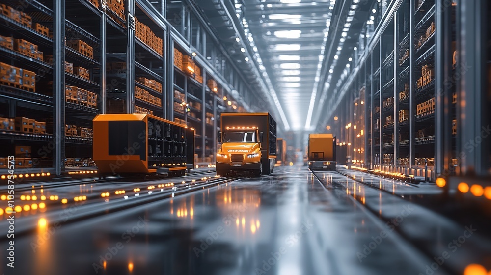 Obraz premium Automated Warehouse with Delivery Trucks Circuit Technology