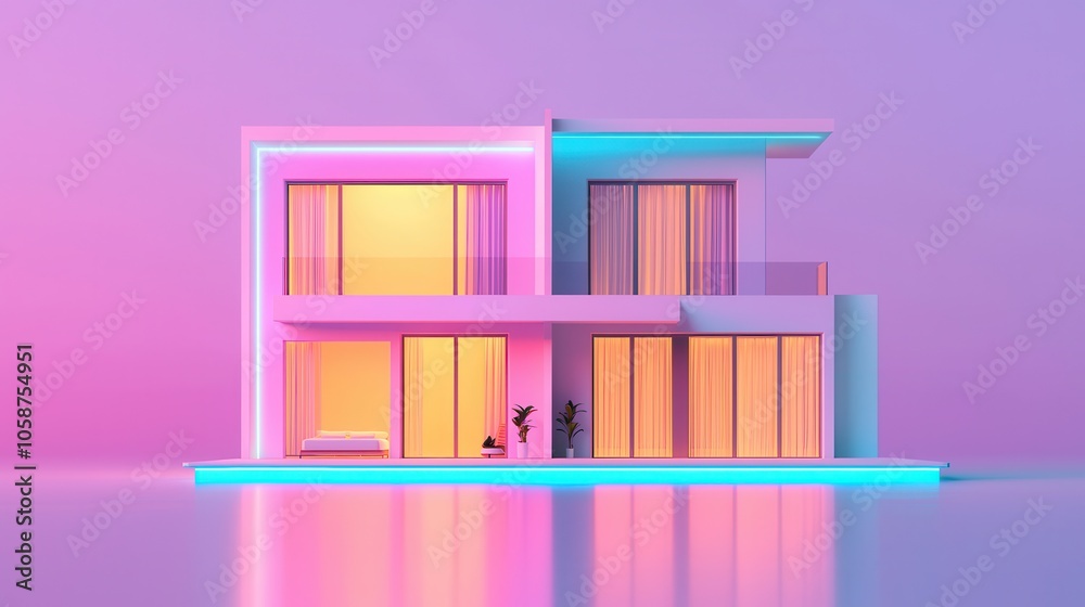 A modern, stylized house with vibrant neon accents, featuring large glass windows and a sleek design, set against a gradient purple background. A modern, stylized house with vibrant neon accents, featuring large glass windows and a sleek design, set against a gradient purple background.