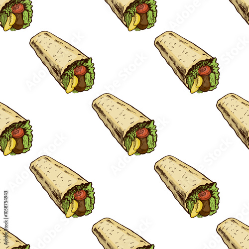 Hand-drawn sketch style burrito  with vegetables and meat  pieces isolated on white background. Fast food illustration. Vintage drawing. Seamless pattern