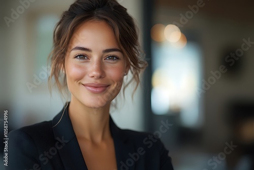 Confident Young Woman with Freckles in Business Attire
