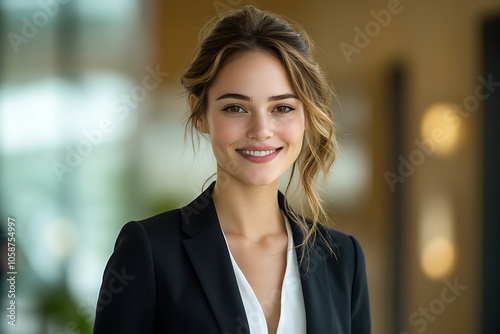 Confident Young Woman Smiling in a Black Blazer