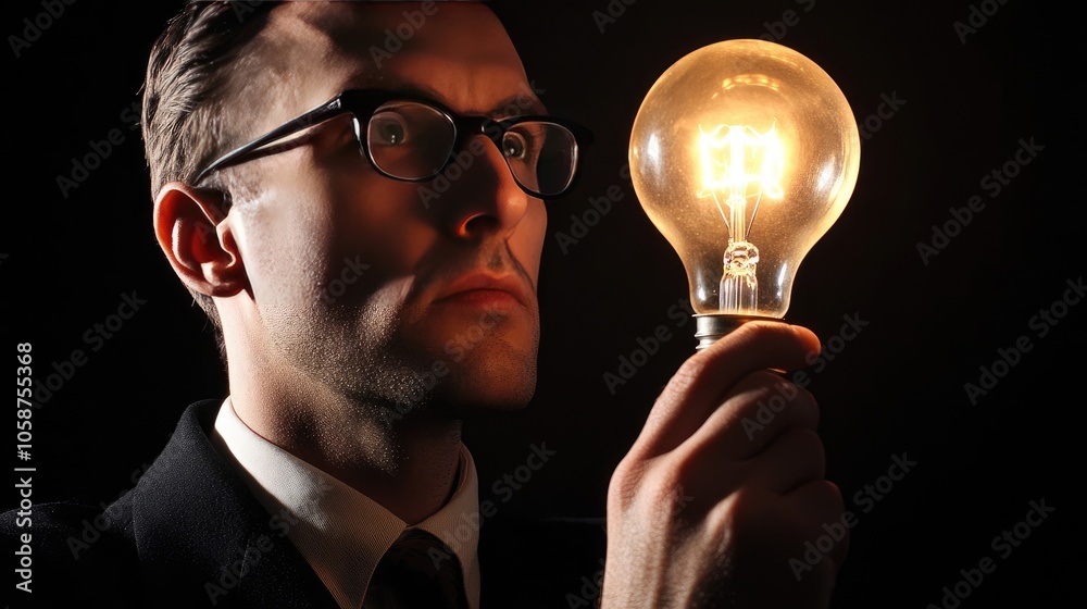 Businessman Holding Glowing Light Bulb as Symbol of Innovation in Modern Office Setting Businessman Holding Glowing Light Bulb as Symbol of Innovation in Modern Office Setting