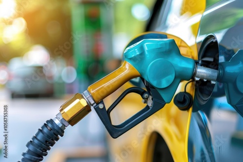 A close-up of a fuel pump nozzle inserted in a vehicle, highlighting the process of refueling at a gas station. photo