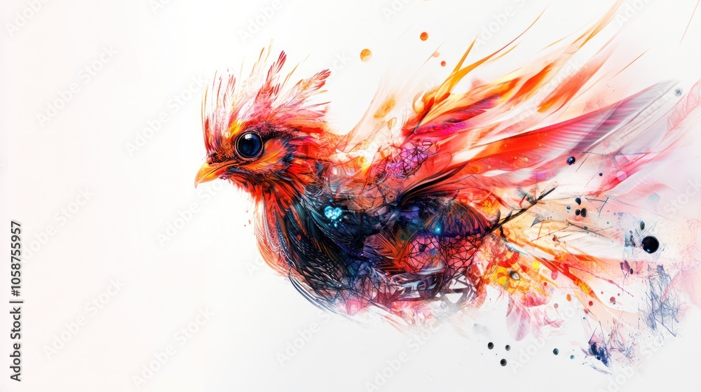 Fototapeta premium chick, with its feathers composed of fractal patterns and dynamic colors that symbolize the concept of quantum entanglement.