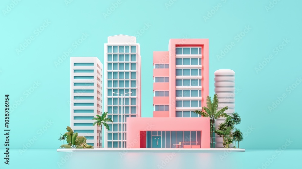 A colorful, modern building scene features pink and blue structures with palm trees against a light turquoise backdrop. A colorful, modern building scene features pink and blue structures with palm trees against a light turquoise backdrop.