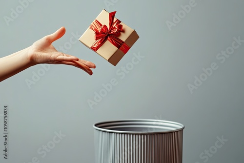 Hand throwing gift box into trash bin or waste bucket. Rejected bad gift concept