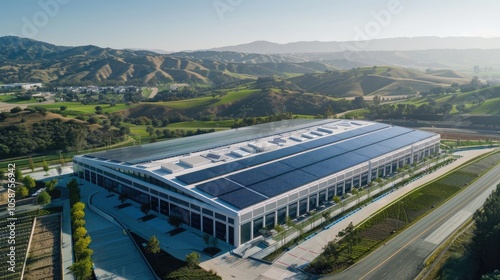 Wide Aerial Shot of a Sustainable Data Center Featuring a Rooftop Solar Array, Representing a Commitment to Environmental Responsibility and Innovative Energy Solutions in the Tech Industry