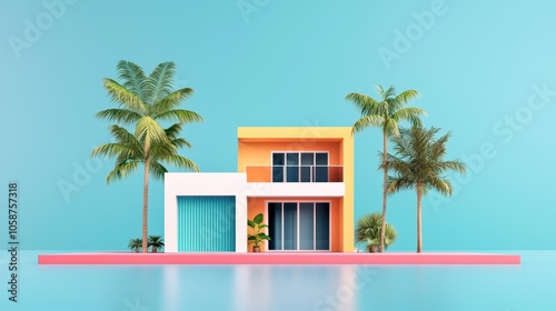 A modern, colorful house with palm trees set against a vibrant blue background, exuding a tropical and inviting atmosphere.