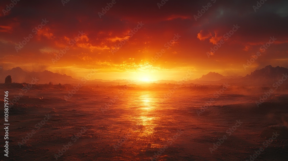 Fiery Sunset over a Mystical Landscape Fiery Sunset over a Mystical Landscape